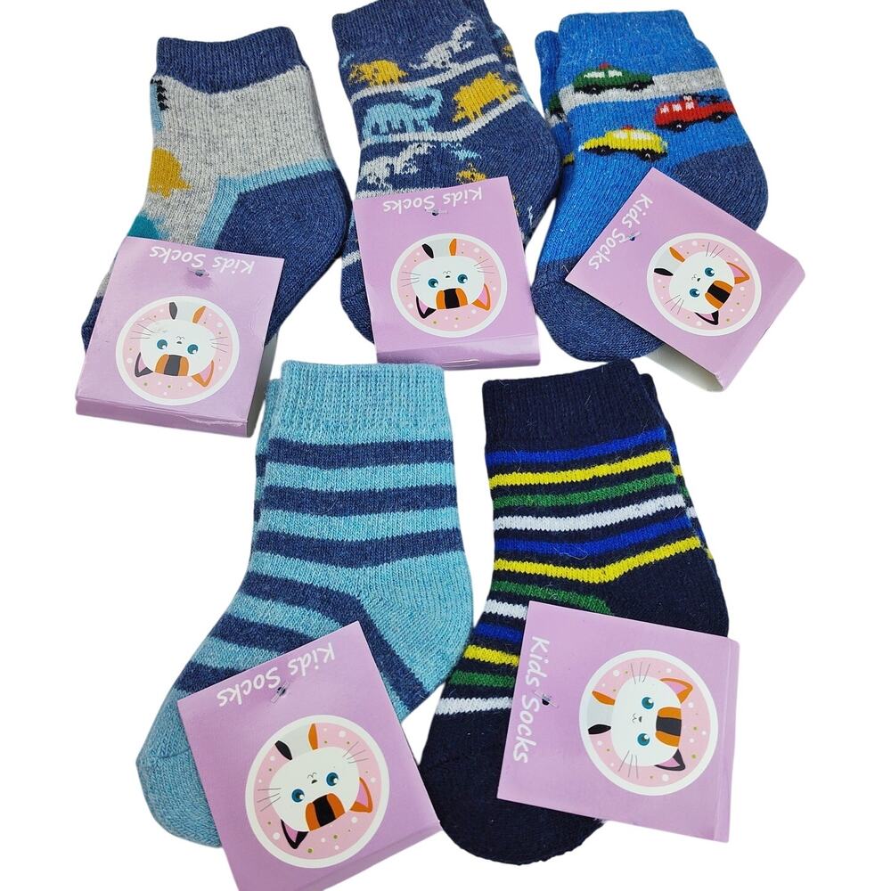 Boys Blue Wool Dino & Car Socks Pack of 5 NWT